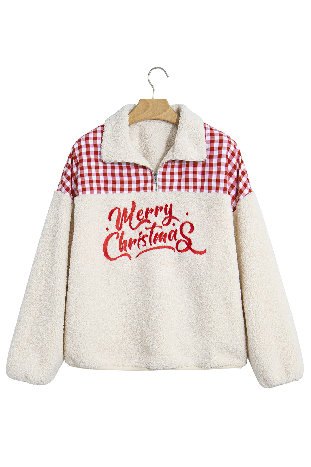 White Plush Plaid Patchwork Merry Christmas Baggy Sweatshirt