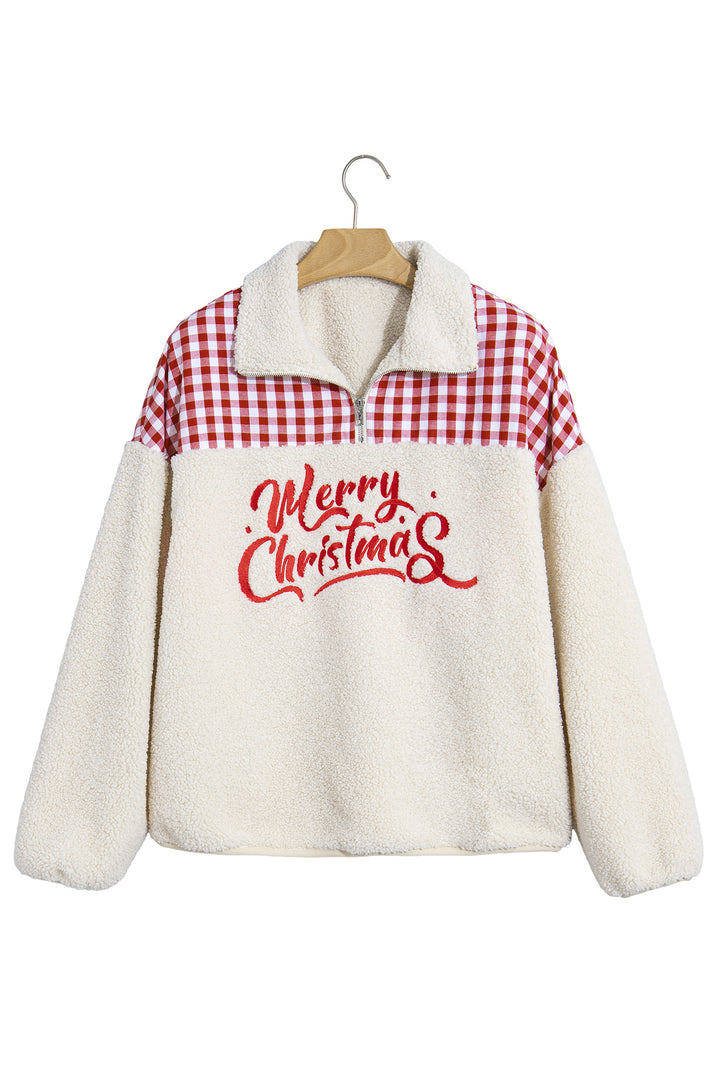 White Plush Plaid Patchwork Merry Christmas Baggy Sweatshirt