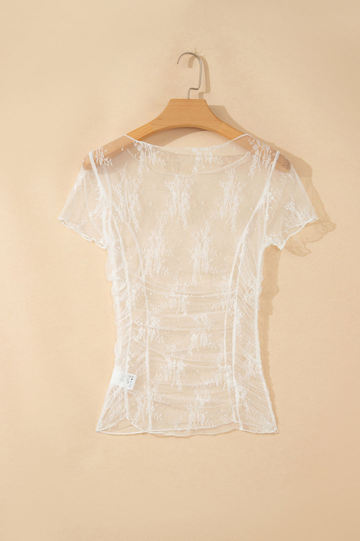 White Exposed Seam Ruched Sheer Floral Mesh Top