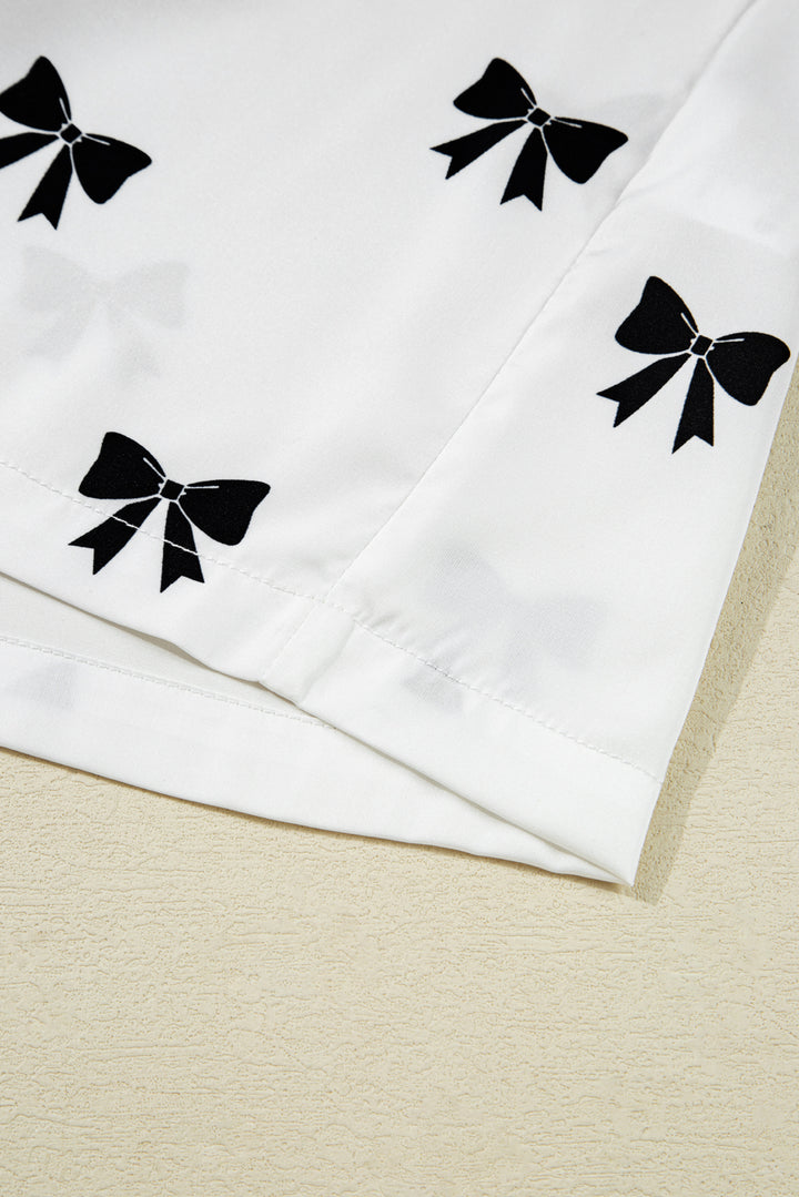 White Bows Print Two Piece Sleepwear