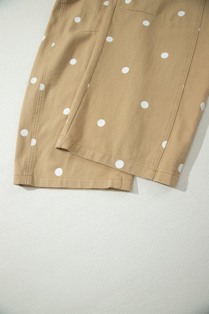 Light French Beige Polka Dot Print Bib Pocket Denim Barrel Overalls Jumpsuit