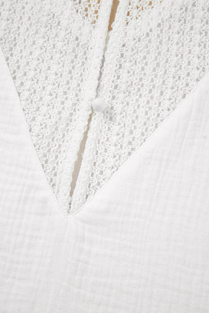Lace Crochet Textured Button Back V Neck T Shirt