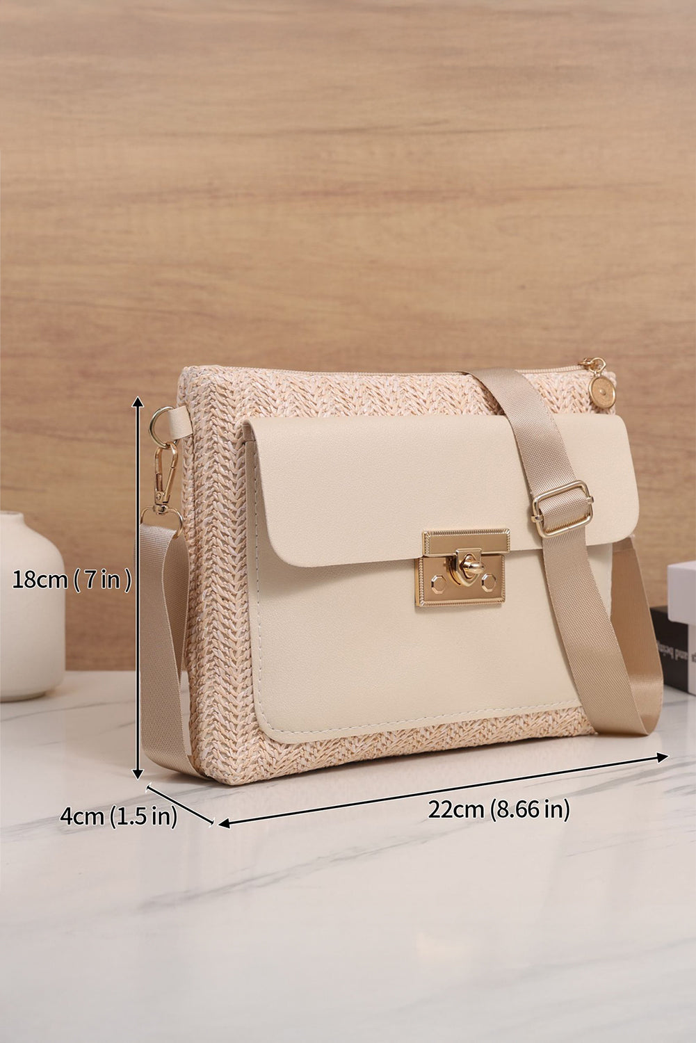 Leather Pocket Patchwork Straw Woven Shoulder Bag