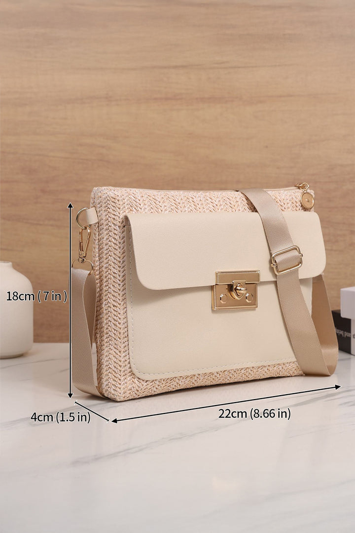 Leather Pocket Patchwork Straw Woven Shoulder Bag