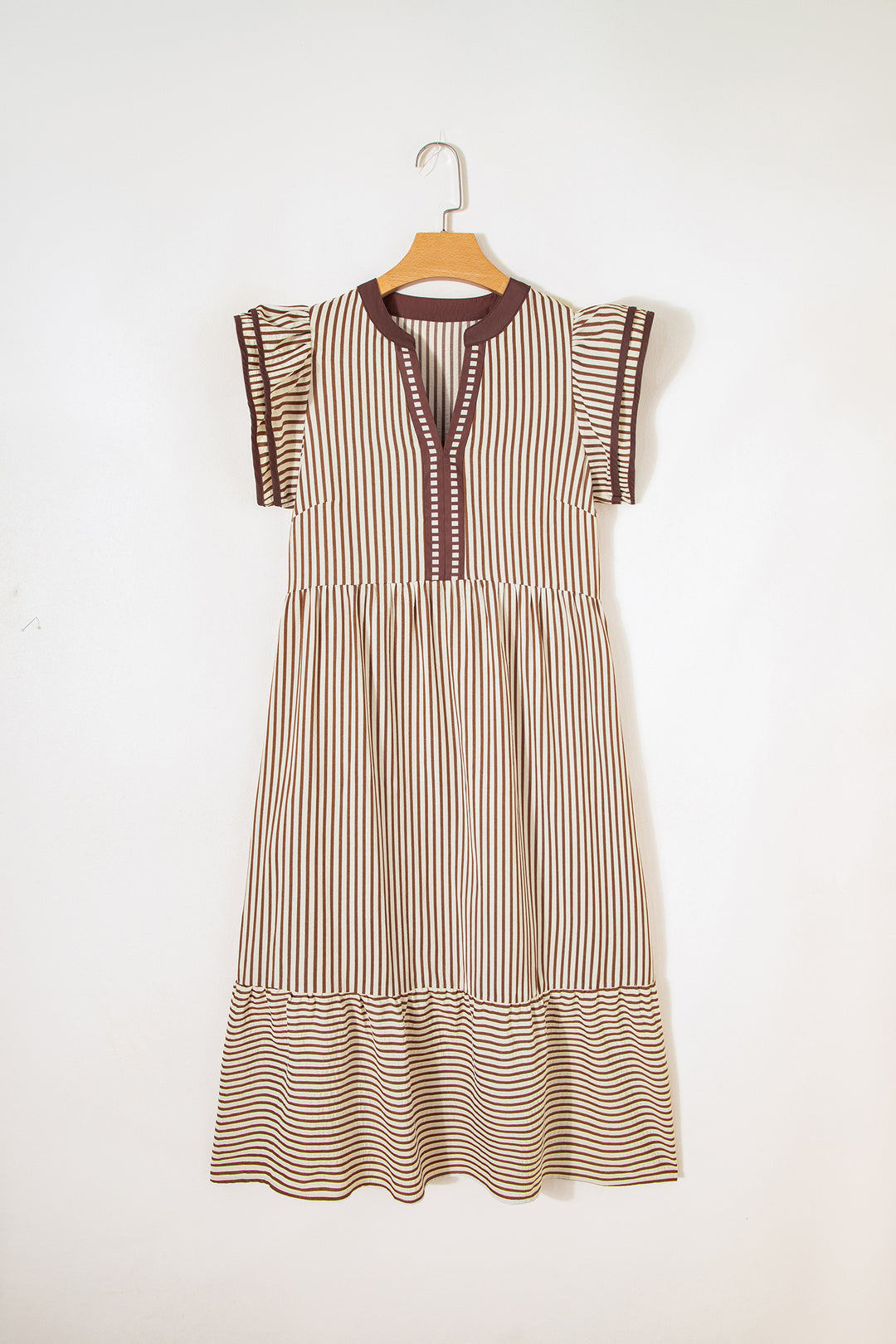 Double Ruffled Short Sleeve Contrast Trim V Neck Midi Dress