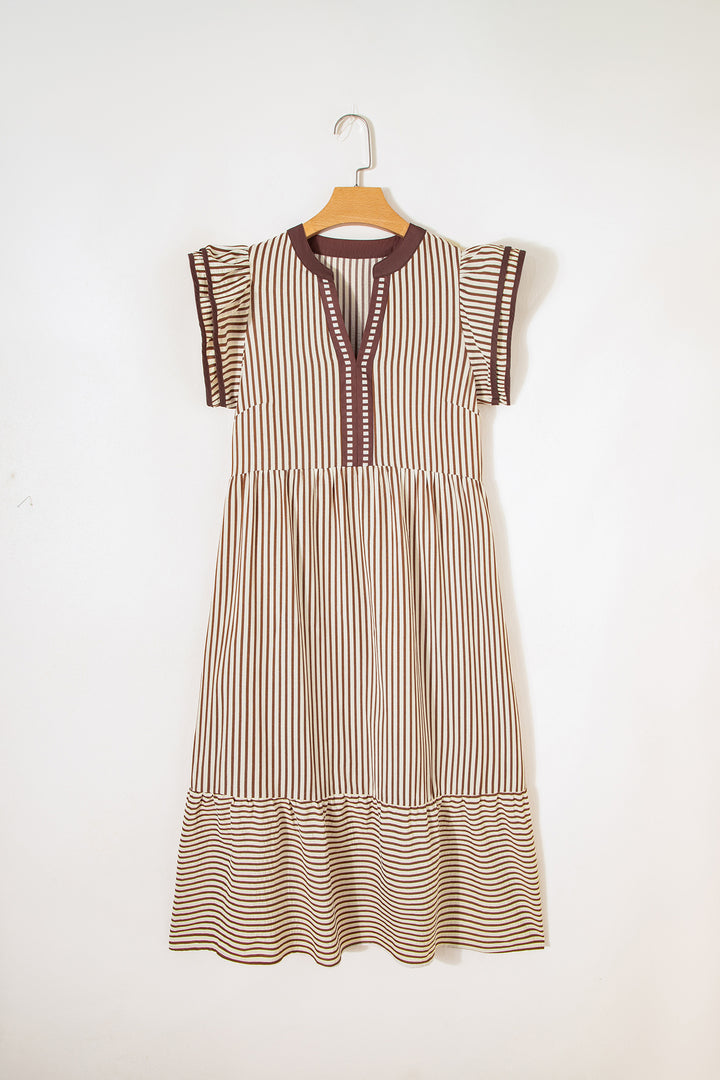 Double Ruffled Short Sleeve Contrast Trim V Neck Midi Dress