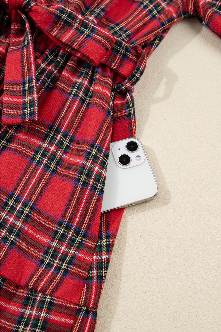 Christmas Plaid V Neck 3/4 Sleeve Tie Waist Ruffle Hem Long Dress