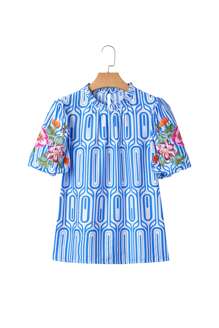 Sky Blue Unique Geometry Print Floral Embroidered Puff Sleeve Blouse