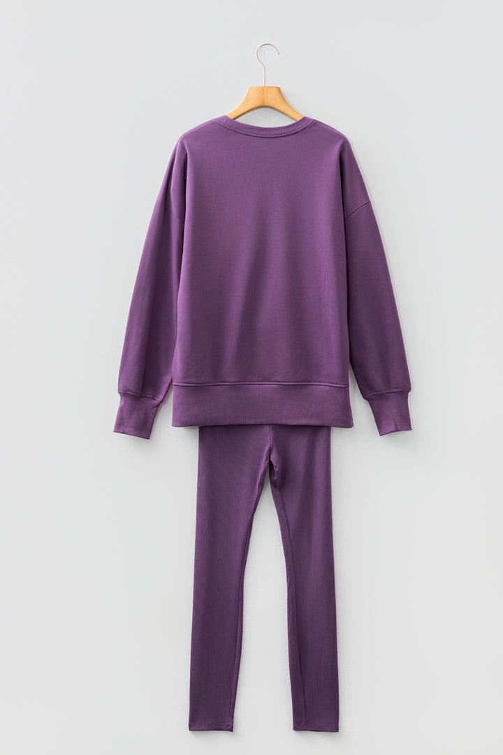 Orchid Mist Solid Color Oversize Slit Sweatshirt Ribbed Leggings 2pcs Set