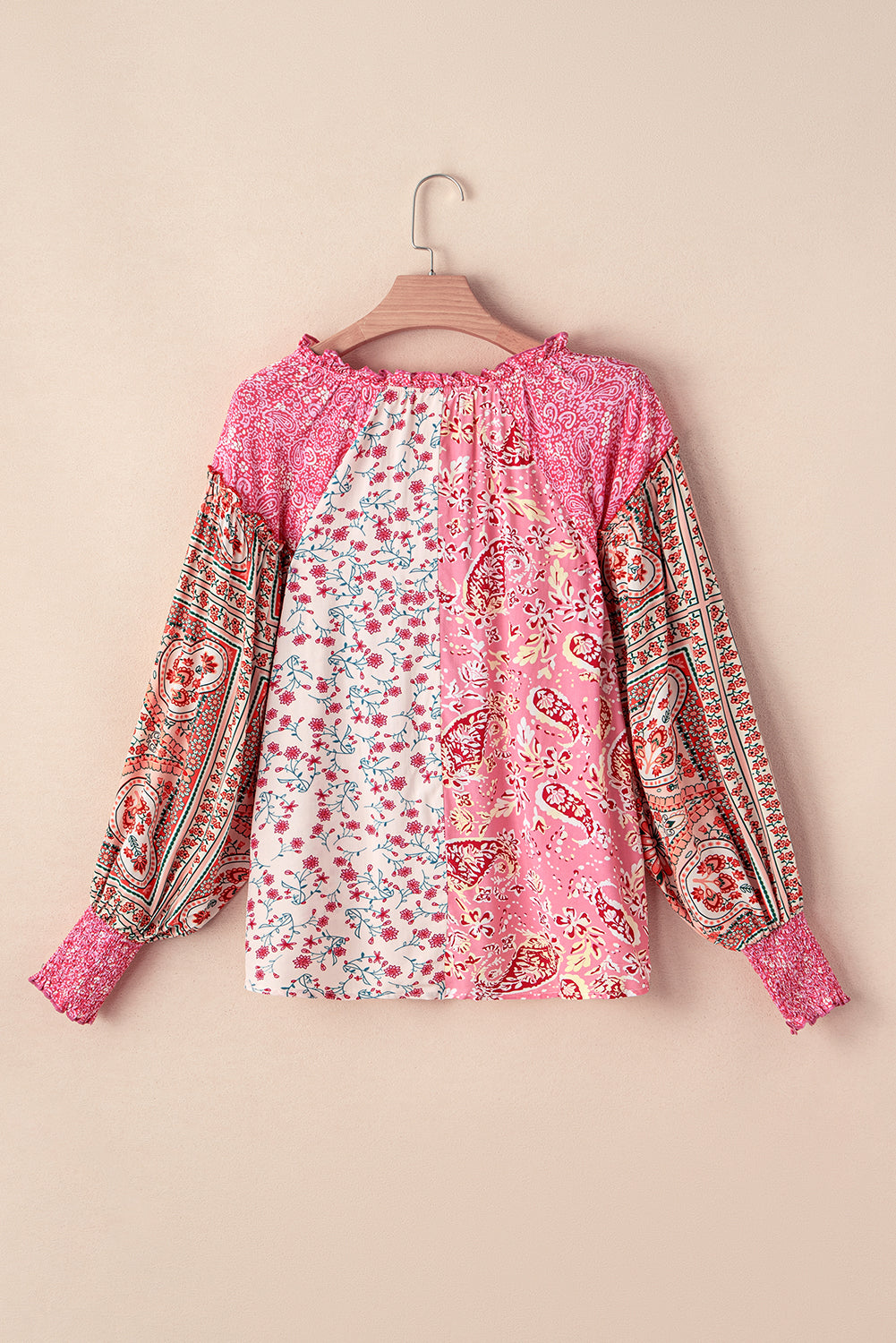 Mixed Floral Printed Puff Sleeve V-Neck Shirt