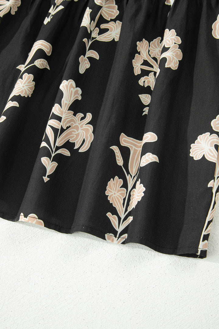Black Frilled V Neck Puff Short Sleeve Floral Mini Dress