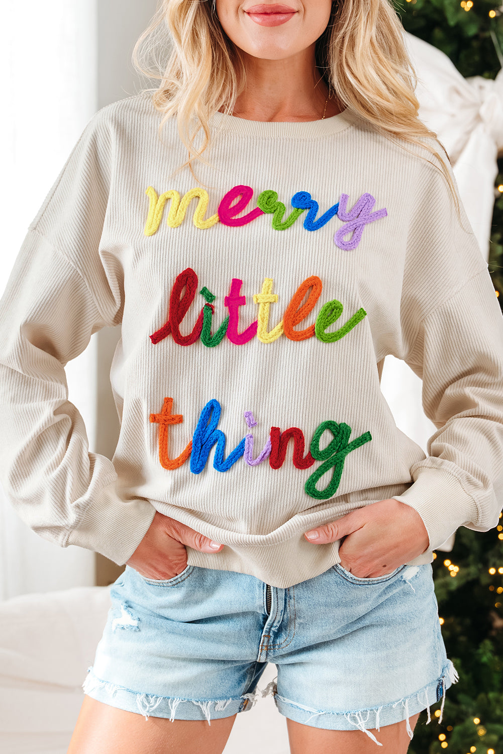 merry little thing Corded Letter Graphic Ribbed Loose Sweatshirt