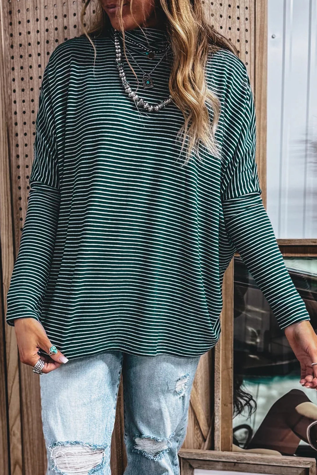 Green Stripe High Neck Dropped Shoulder Long Sleeve Casual Top