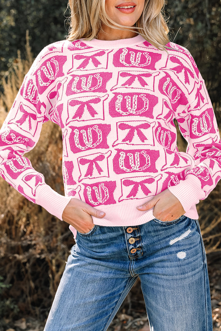 Pink Bows &amp; Horseshoes Pattern Western Fashion Print Sweater
