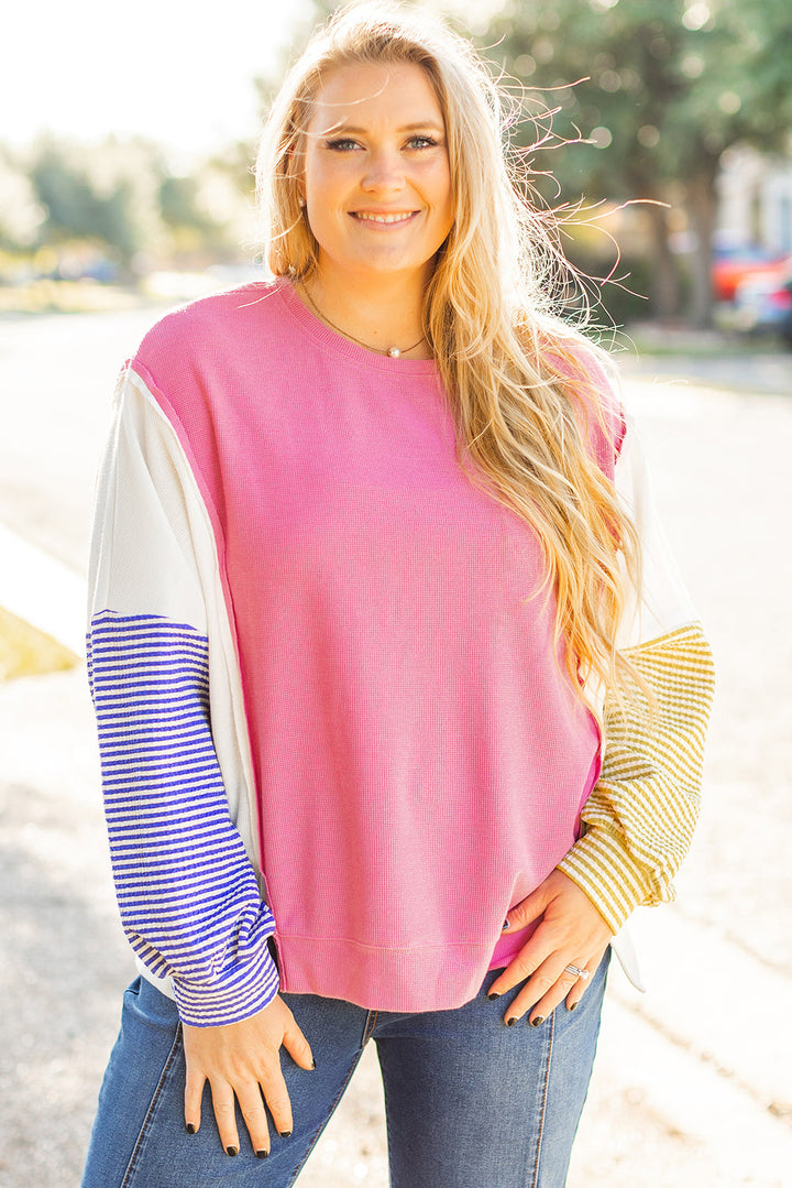 Colorblock Patchwork Striped Puff Sleeve Plus Size Top with Slits