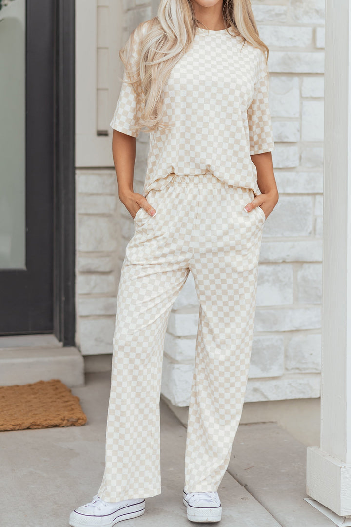 Khaki Checkered Print Half Sleeve Tee 2pcs Lounge Pant Set