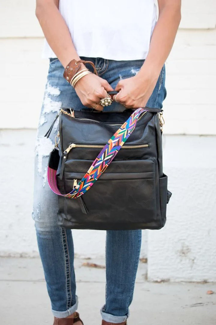 Grand sac à dos en cuir PU avec sangles géométriques au crochet
