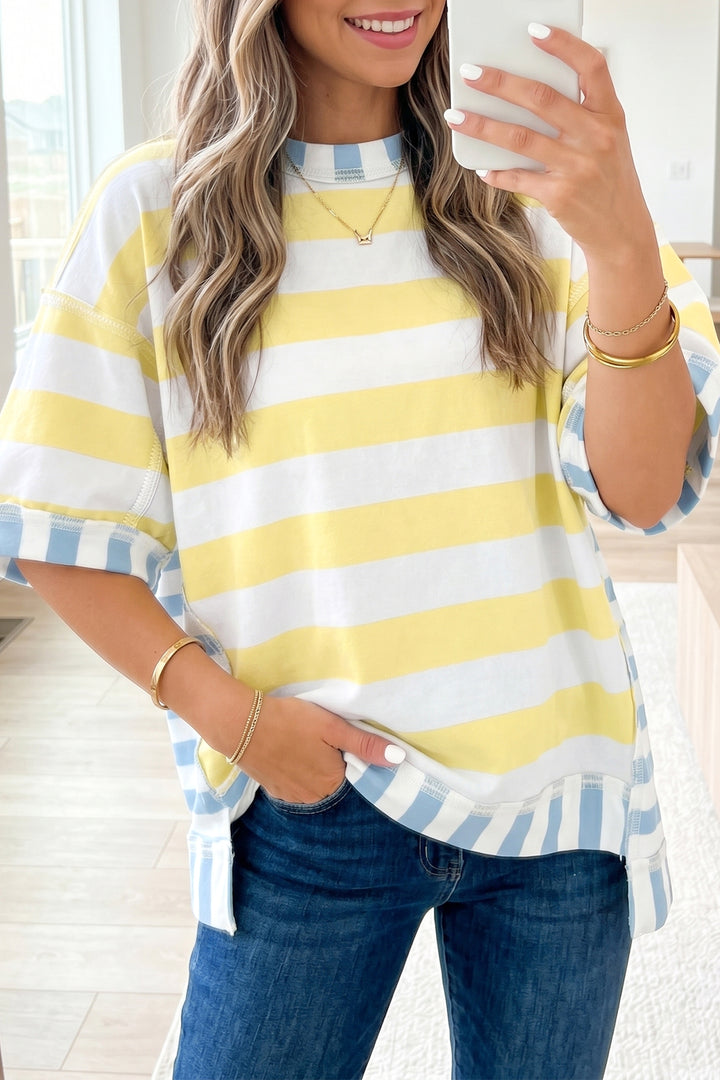 Yellow Stripe Exposed Seam Contrast Patchwork Oversized Top