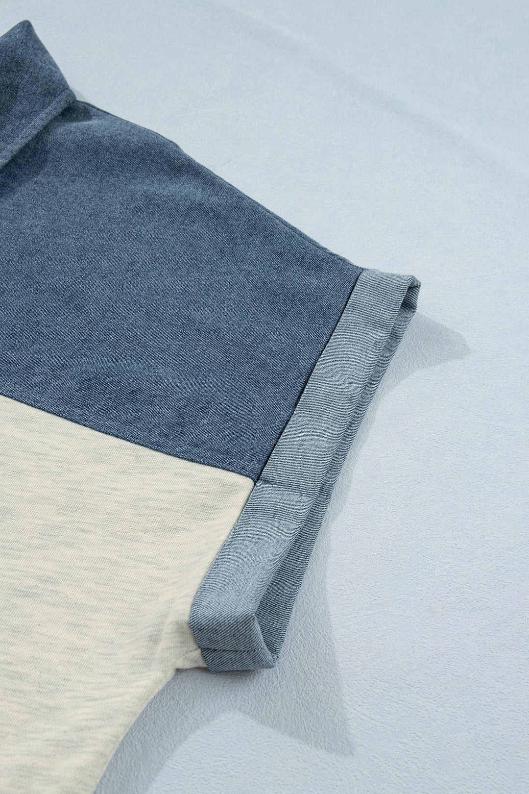 Light Grey Half Buttons Collared Denim Plus Short Sleeve Top