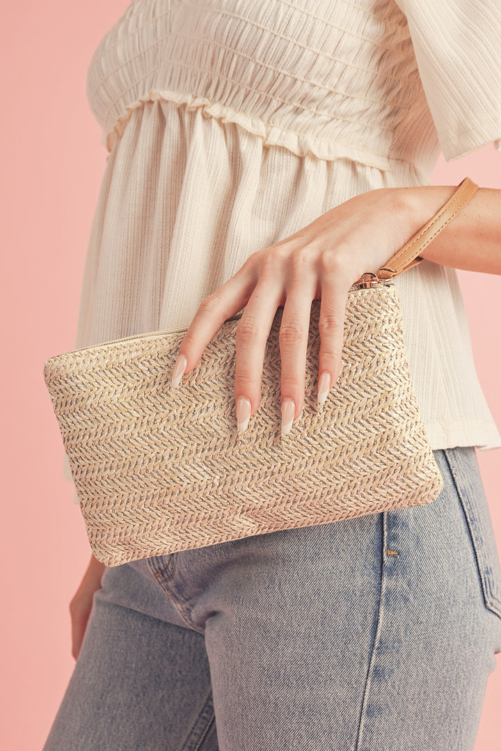 Straw Woven Wrist Strap Zipper Large Wallet