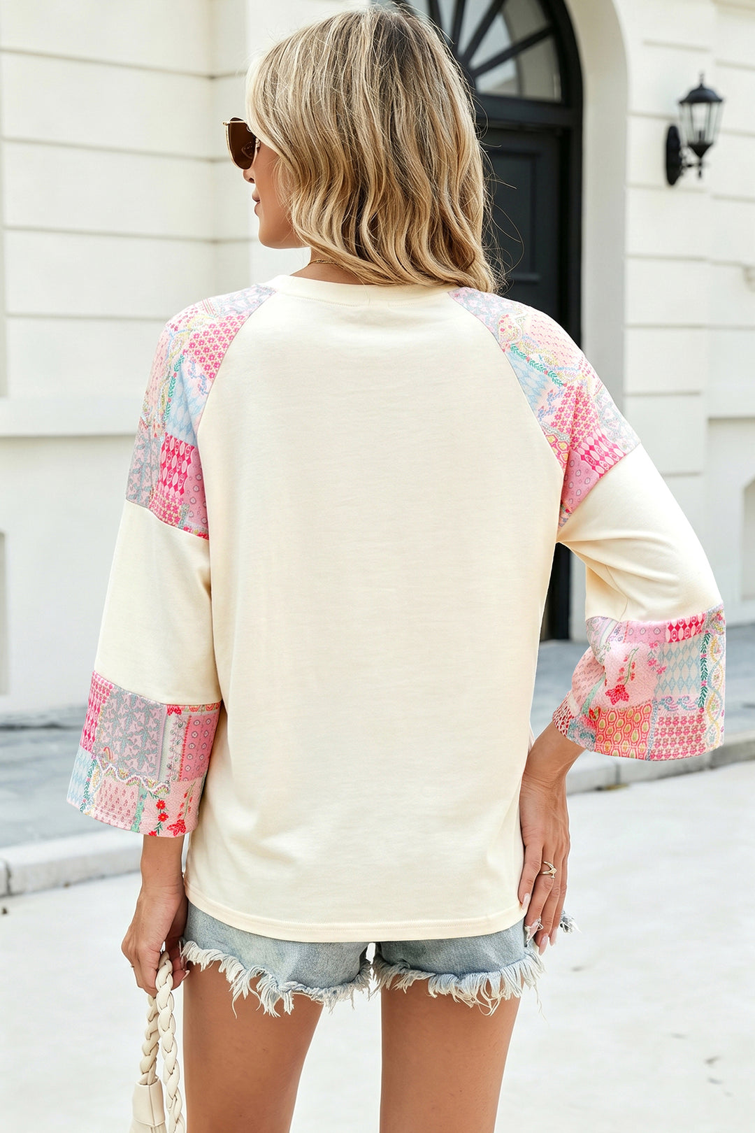 Beige Color Block Retro Floral Patchwork Long Sleeve Top