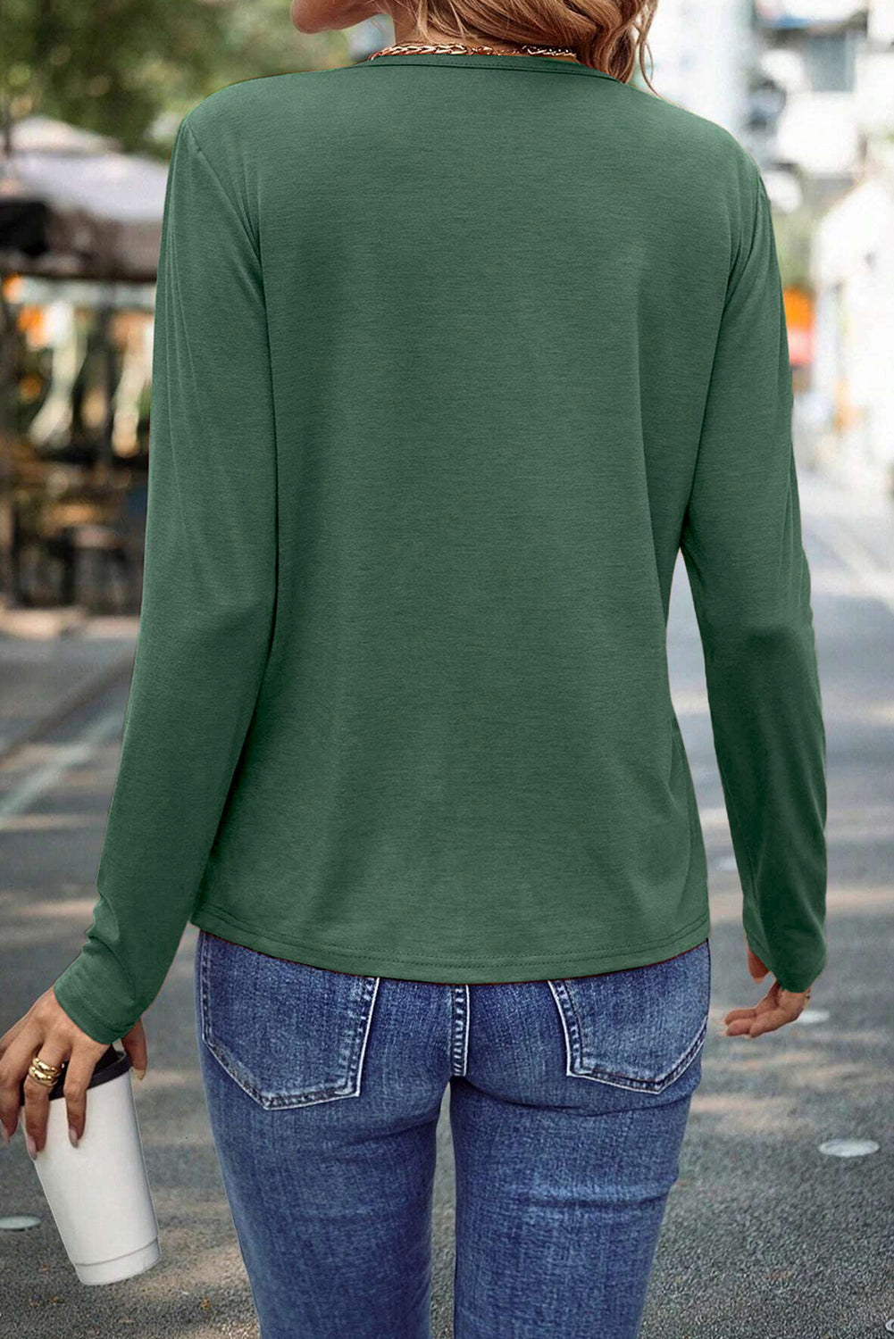 Green Asymmetric Seam Detail Solid Color Long Sleeve Top