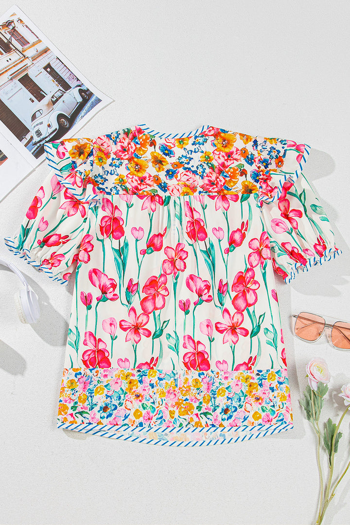floral print striped detail split neck short sleeve blouse