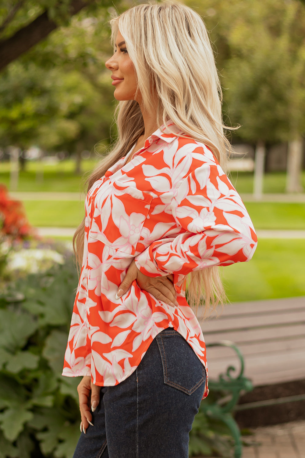 Botanical Print Single Chest Pocket Button Up Shirt