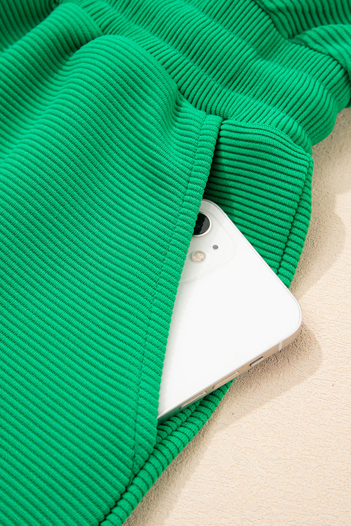 Bright Green Textured Short Sleeve Half Zip Drawstring Elastic Waistband Romper