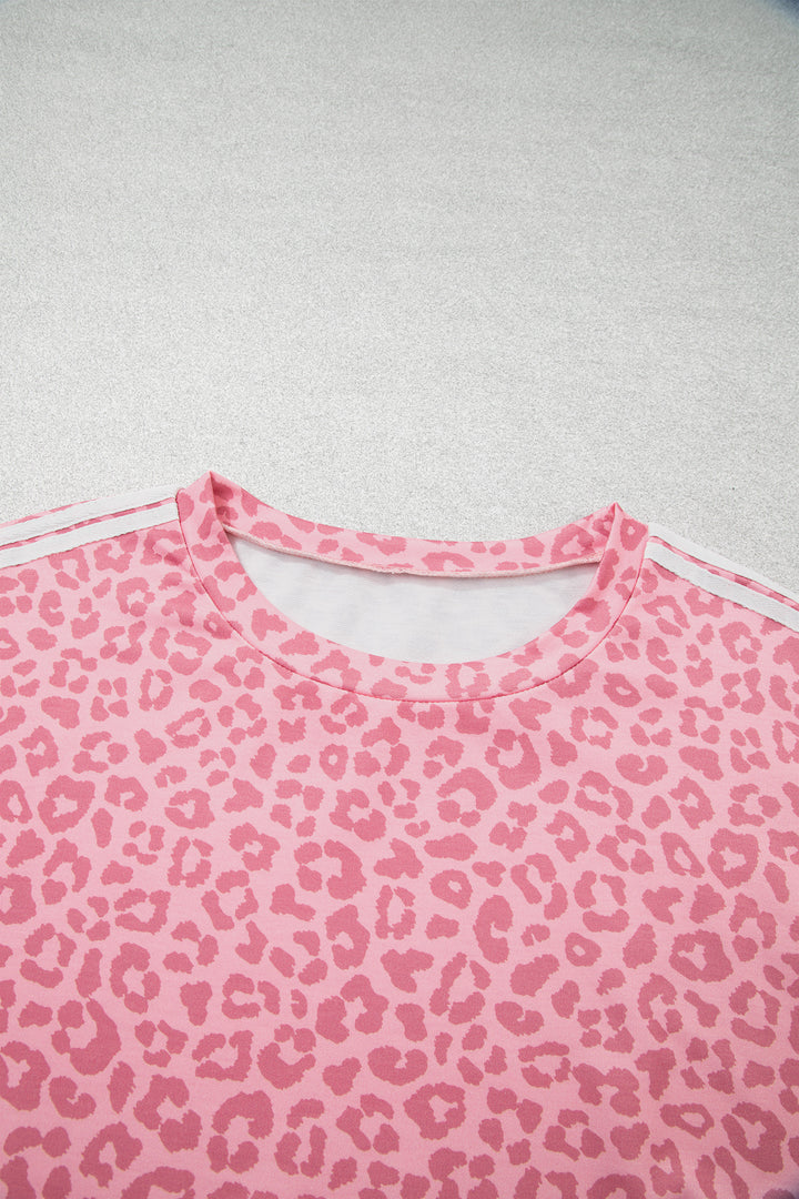 Pink Leopard Print Varsity Striped Detail 3/4 Sleeve Top Shift Pant Set