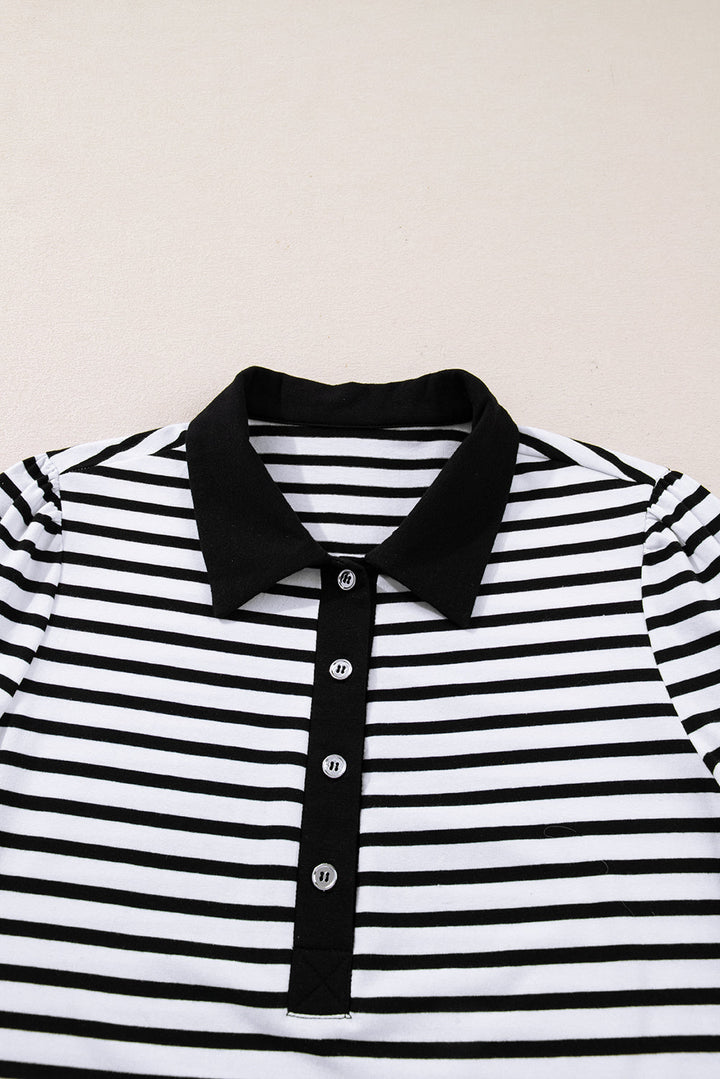 White Stripe Buttoned Front Collared Long Sleeve T Shirt Dress with Pockets