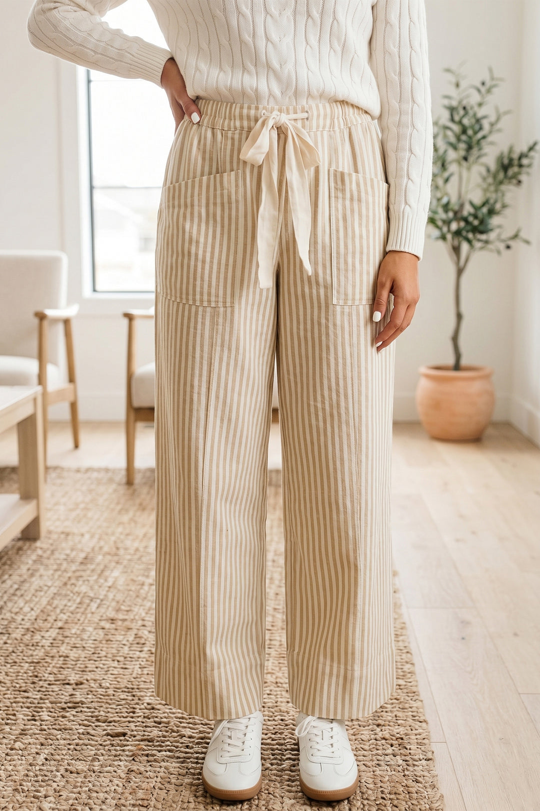 Apricot Stripe Ribbon Drawstring Waist Full-Length Cotton Shift Pant
