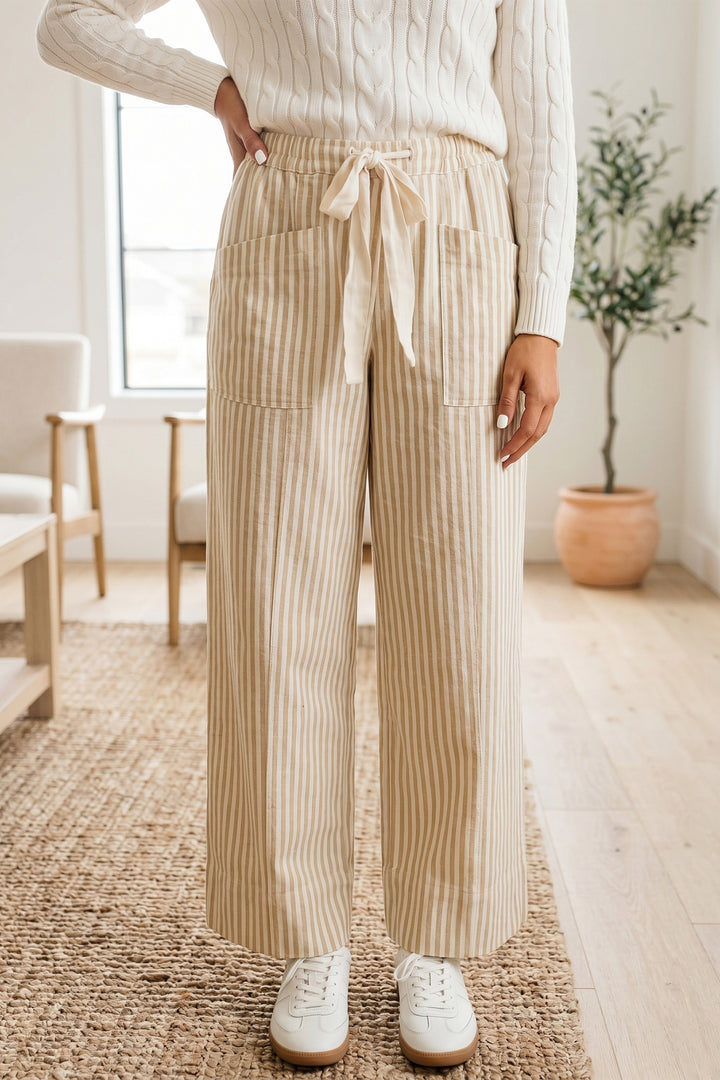 Apricot Stripe Ribbon Drawstring Waist Full-Length Cotton Shift Pant