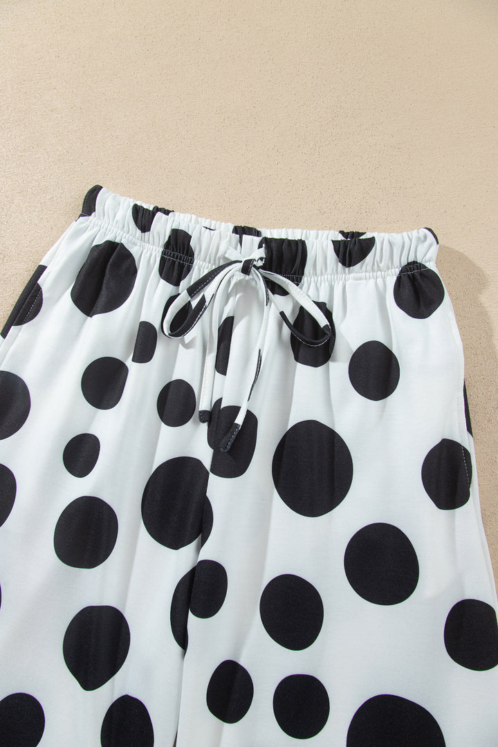 White Polka Dot Long Sleeve Top Drawstring Relaxed Pants Set