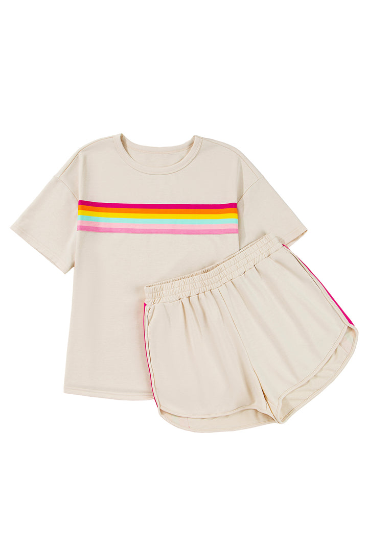 Beige Vibrant Striped Detail Athleisure 2pcs Short Set