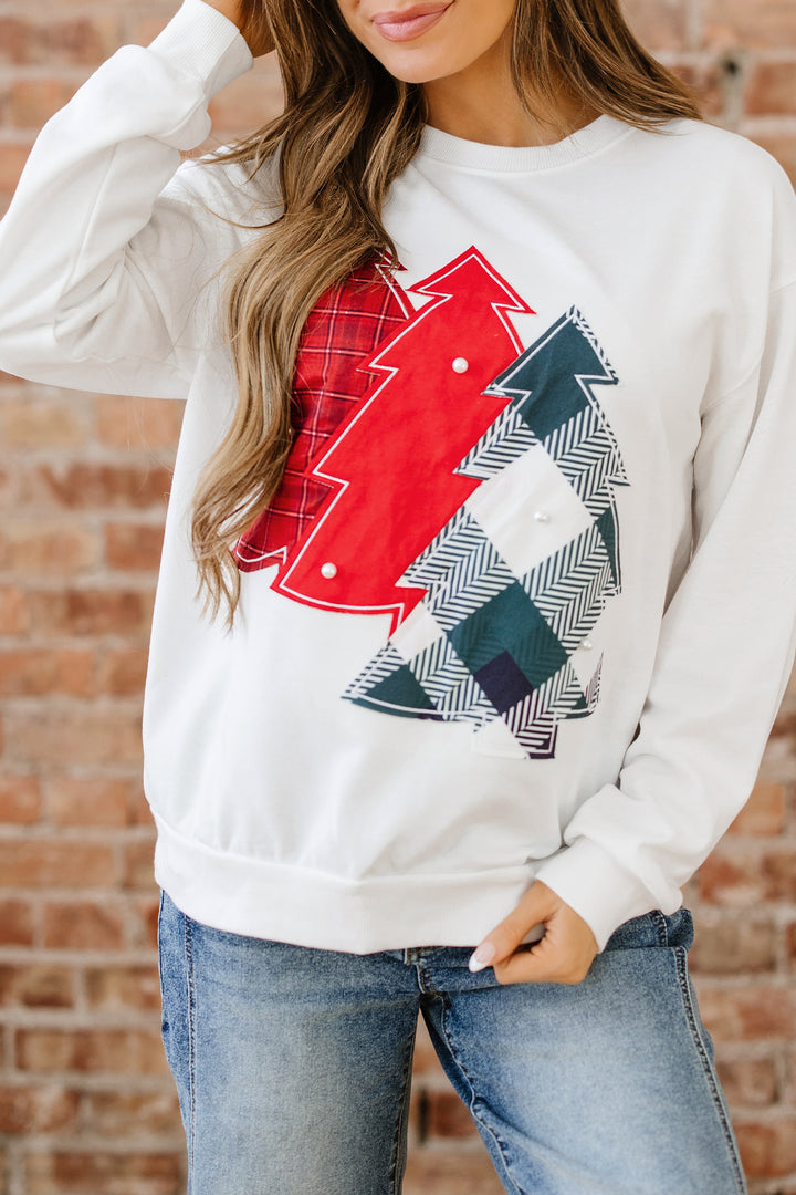 Pearl Plaid Christmas Tree Patched Drop Shoulder Sweatshirt