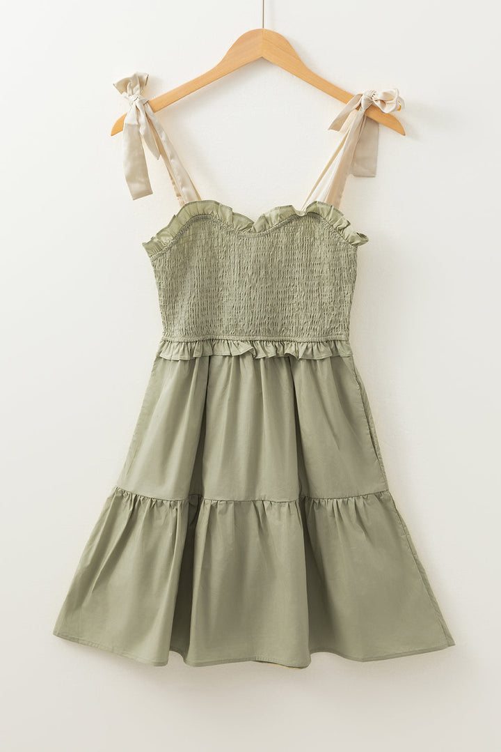 Smocked Bodice Self-tie Straps A-line Ruffled Mini Dress