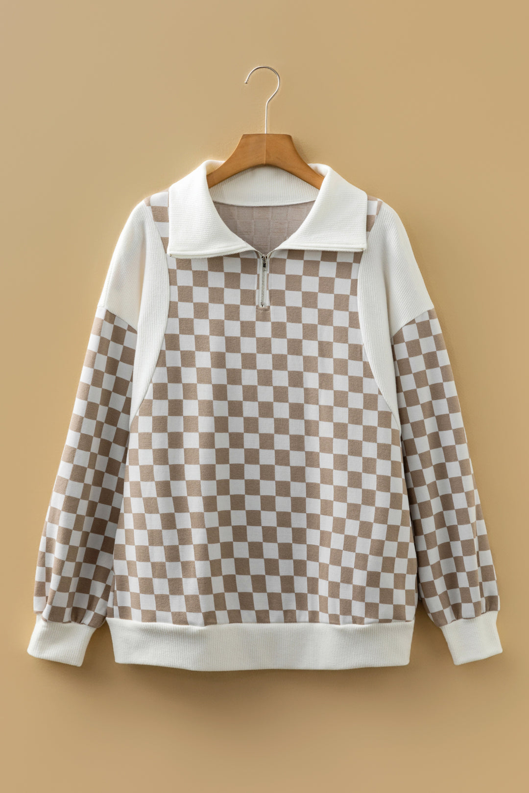 Checkered Print Quarter Zip Ribbed Patchwork Loose Sweatshirt