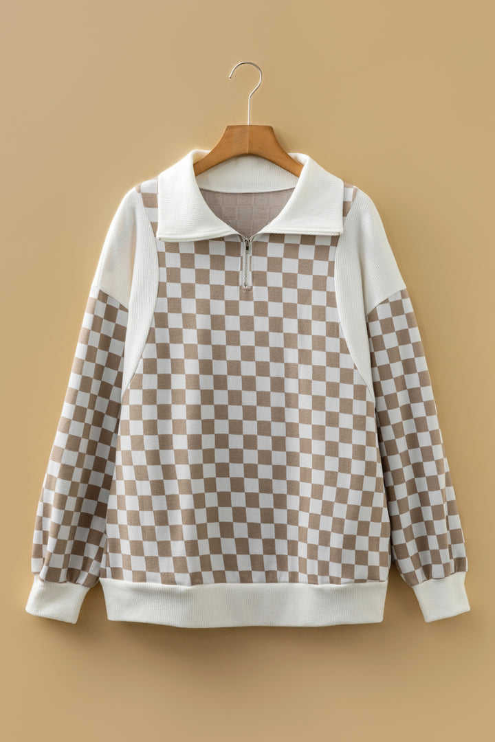 Checkered Print Quarter Zip Ribbed Patchwork Loose Sweatshirt