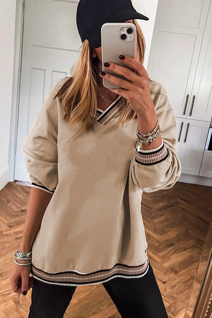 Parchment Varsity Contrast Striped Trim V Neck Sweatshirt