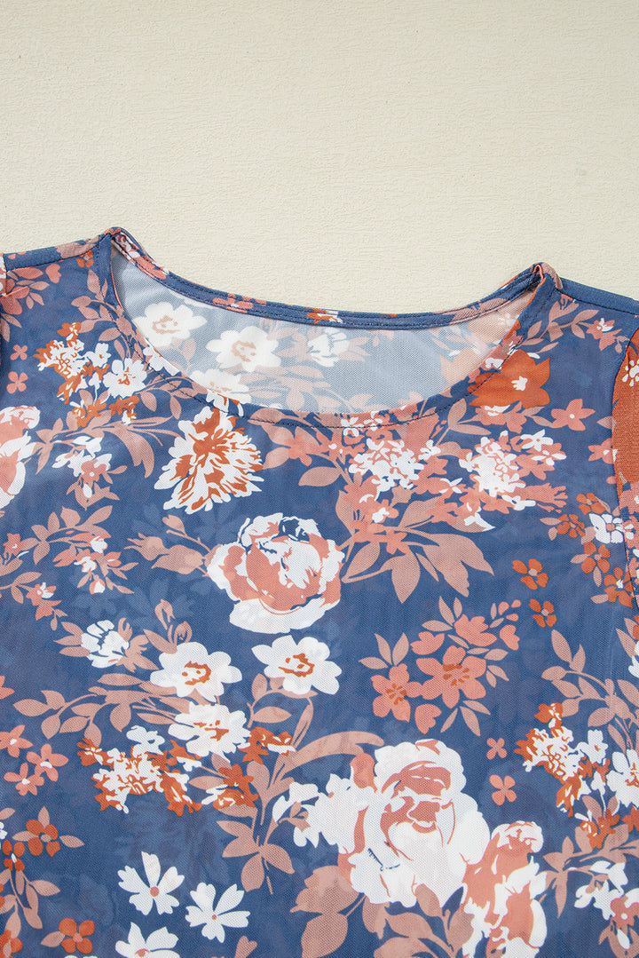 Orchid Petal Floral Print Mesh Fitted Long Sleeve Top