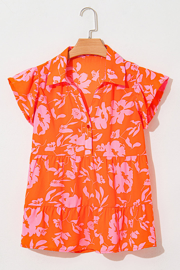 Floral Print Collared Button Neckline Flutter Sleeve Blouse