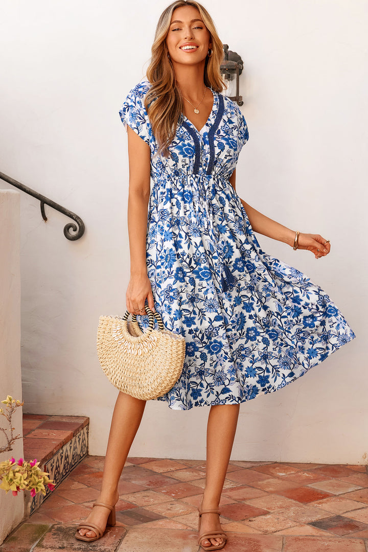 Sky Blue Abstract Print Embroidered Trim V Neck Drawstring High Waist Loose Vacation Dress