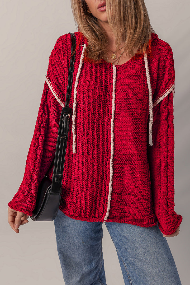 Color Contrast Trim Textured Knit Drawstring Hooded Sweater