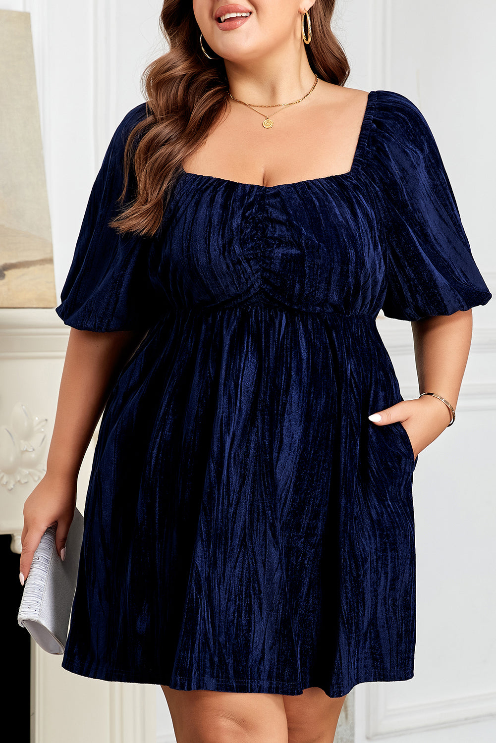 Navy Blue Velvet Ruched Bust Square Neck Short Sleeve Plus Dress