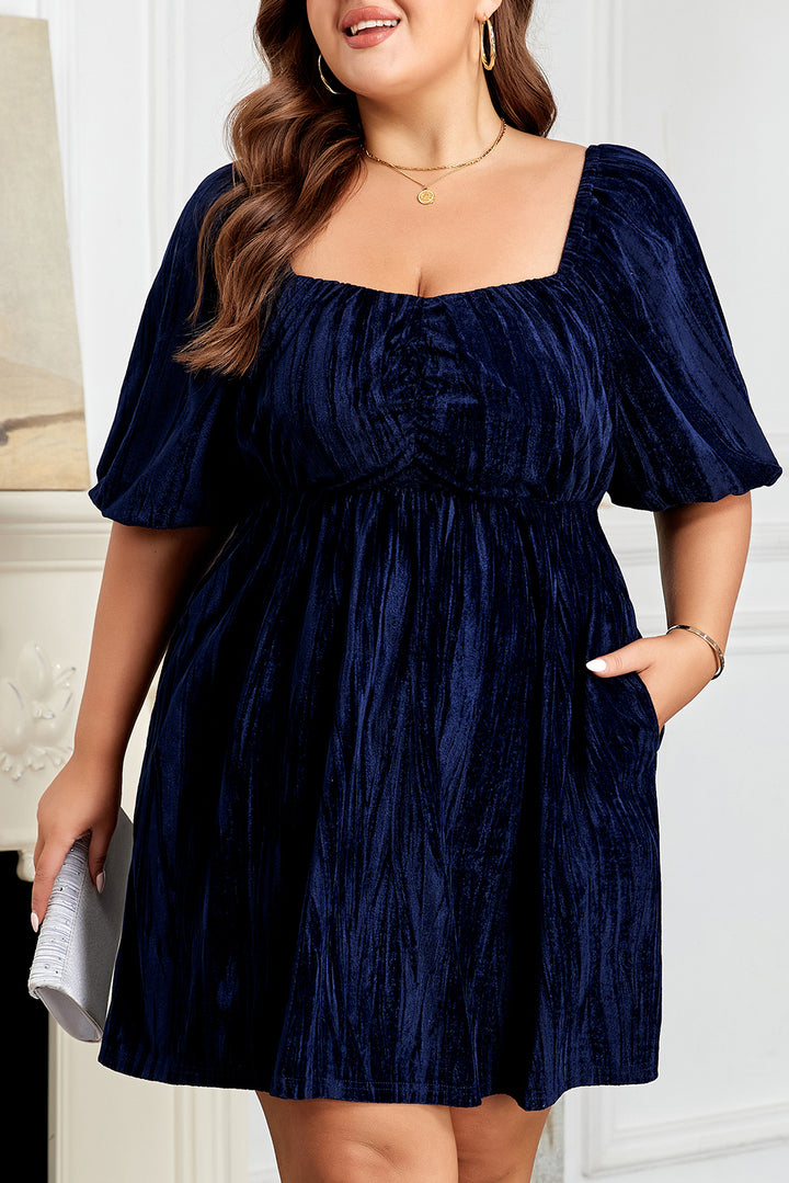 Navy Blue Velvet Ruched Bust Square Neck Short Sleeve Plus Dress
