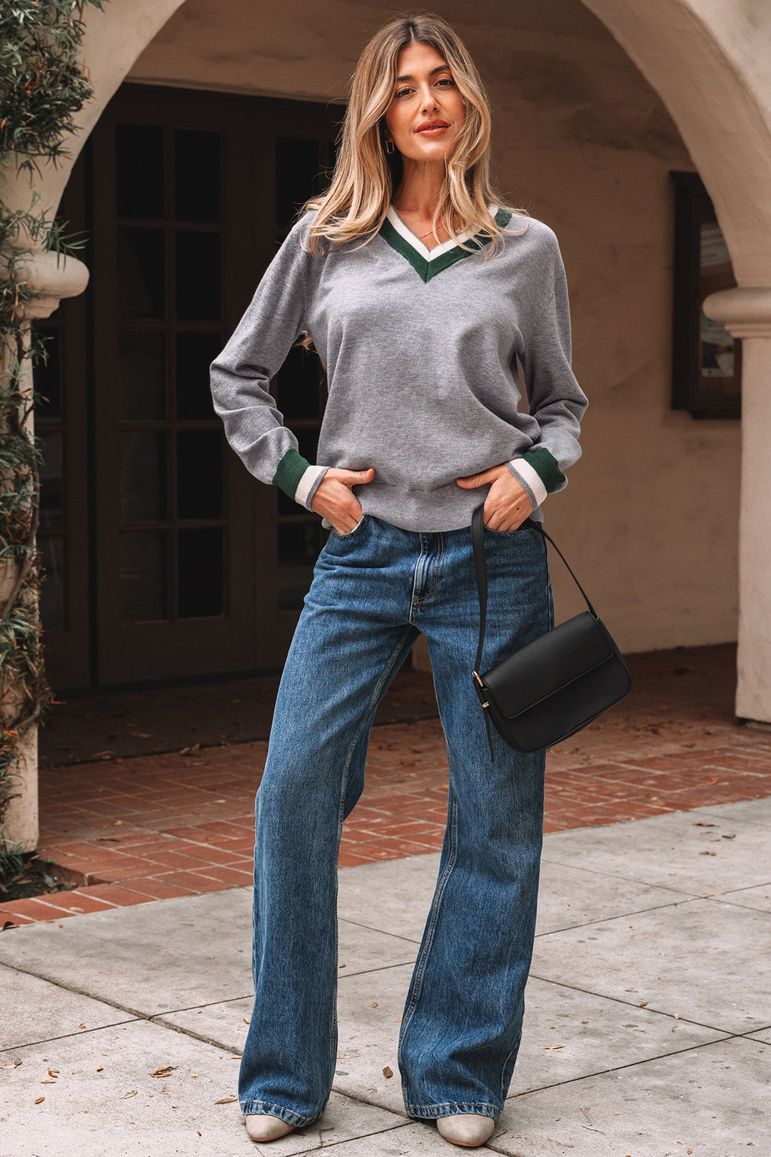 Contrast Striped Trim V Neck Varsity Sweater