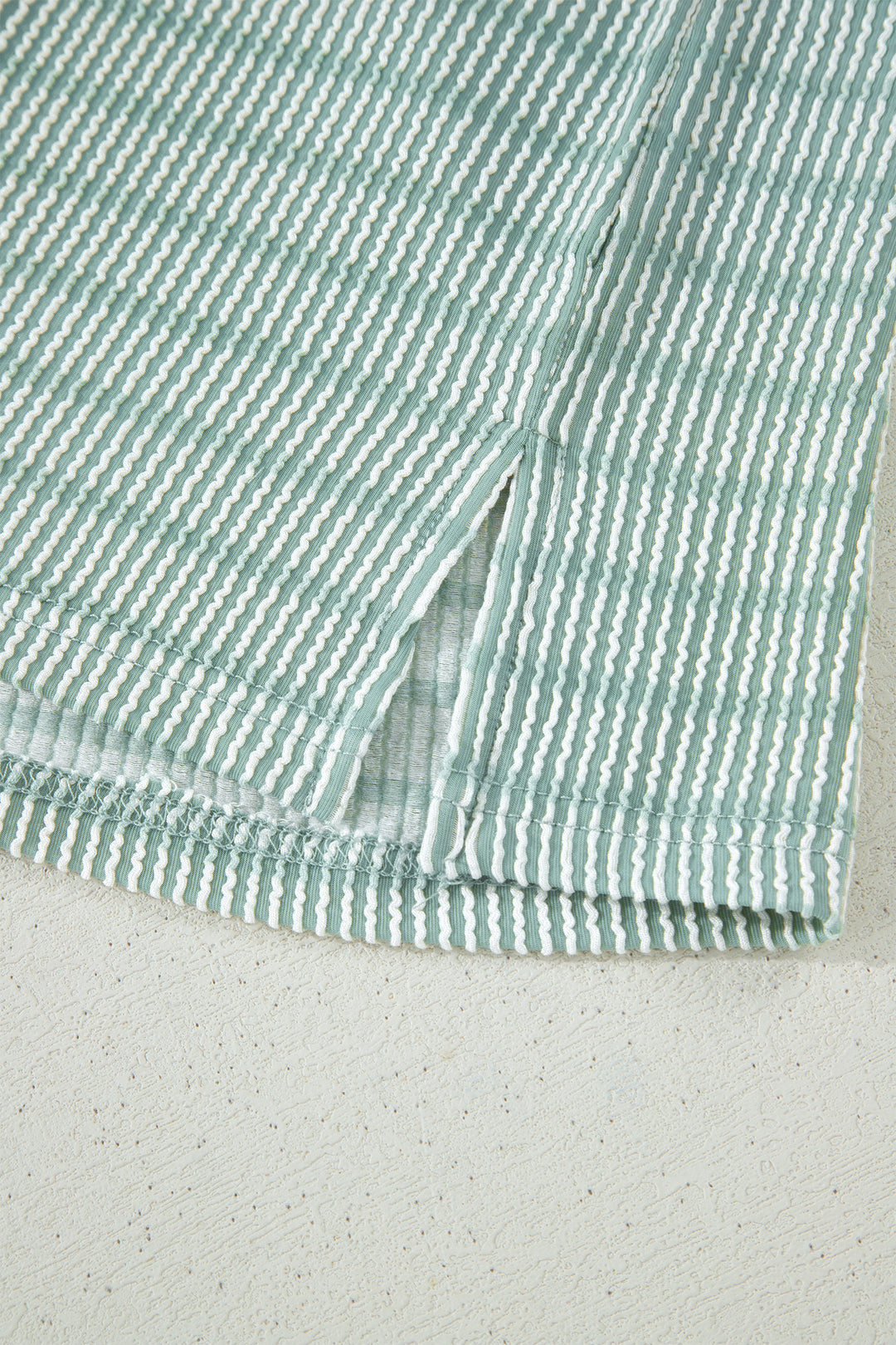 Green Stripe Raised Rib Loose Tee Drawstring Elastic Waist 2pcs Short Set