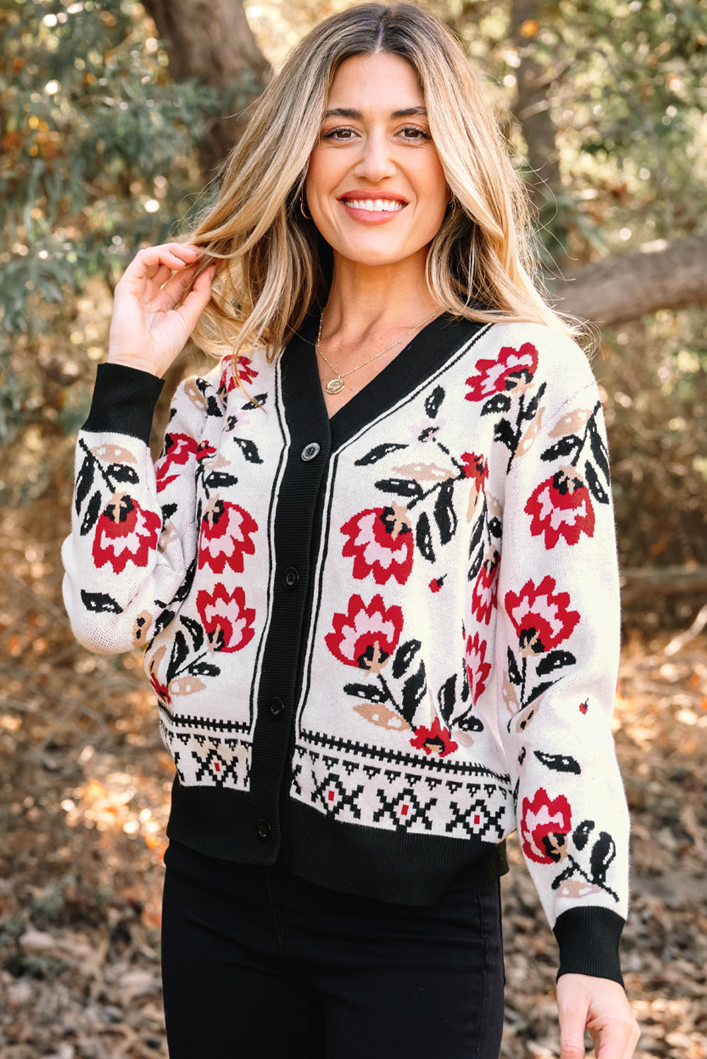 Floral Print Buttoned Front V Neck Knit Cardigan