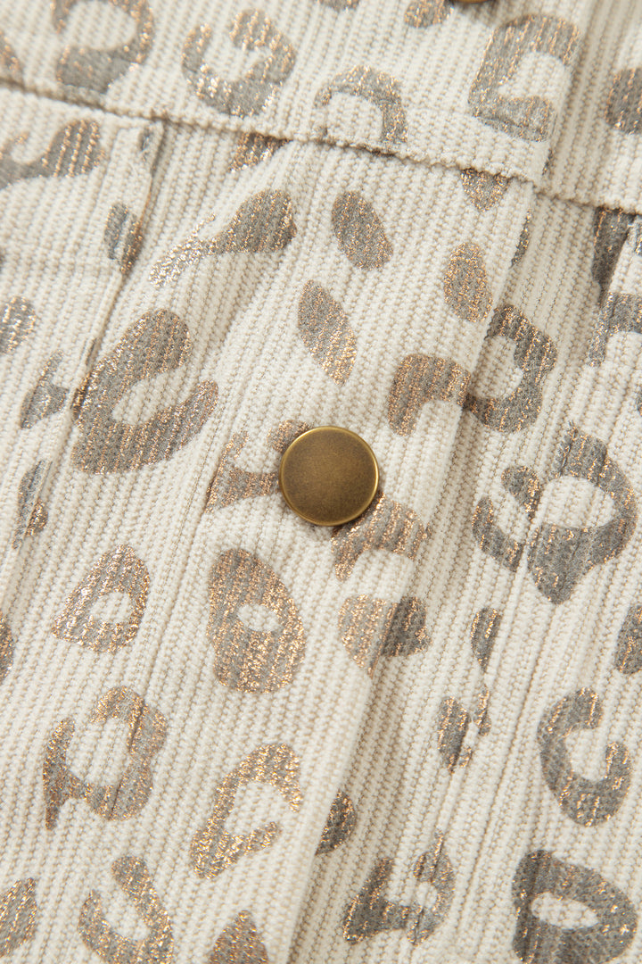 Khaki Leopard Print Corduroy Shirt Collar Long Sleeve Regular Fit Jacket
